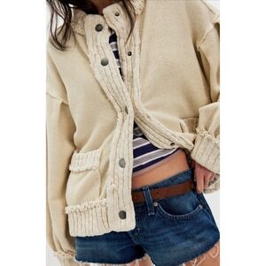 Free People Cute In This Cardi Tea Cream Sweater Size Large Bomber Collar NWT